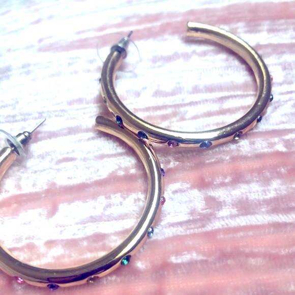 Vintage Saks Fifth Avenue Gold Hoop Earrings With Gem Stones Pierced - Picture 3 of 4